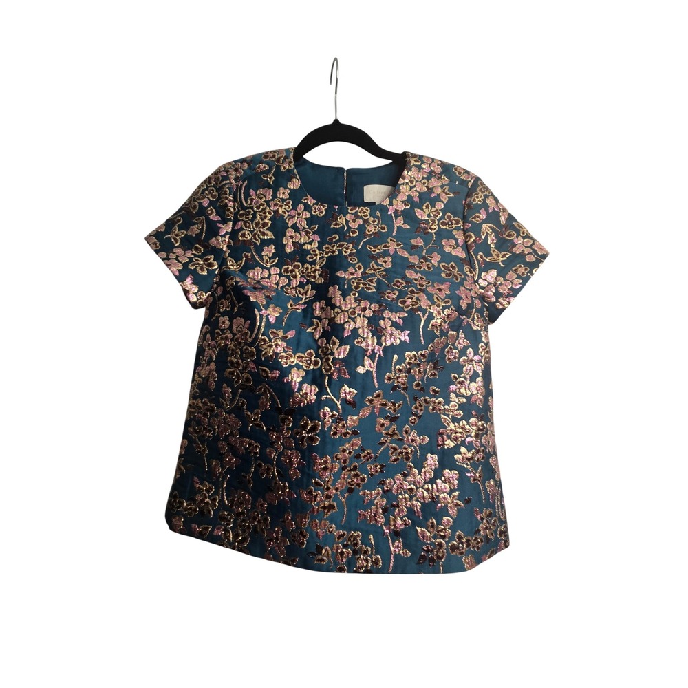 Collection by J Crew Brocade Boho Floral Metallic Teal Pink Gold Blouse XXS